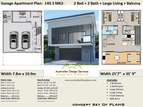 2 Bed + 2 bath Garage Apartment Plan